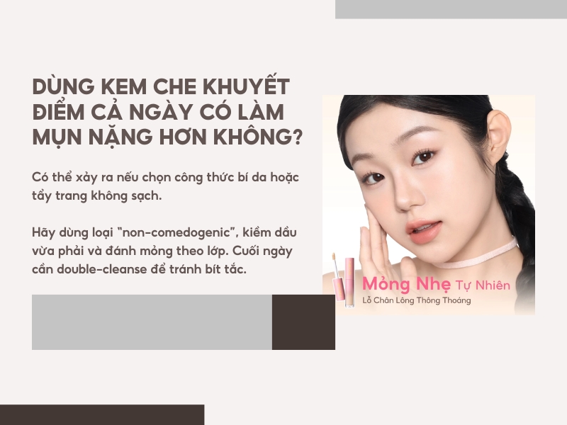Dùng kem che khuyết điểm cả ngày có làm mụn nặng hơn không?