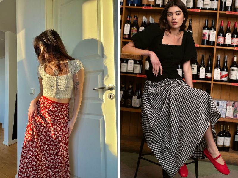 áo croptop cổ vuông với chân váy midi hoa hoặc caro