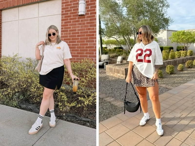 phối đồ dáng chubby váy chữ a áo thun