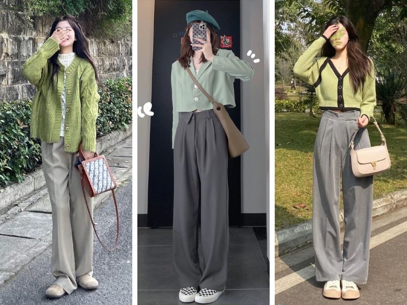 Phối áo xanh lá và quần xám