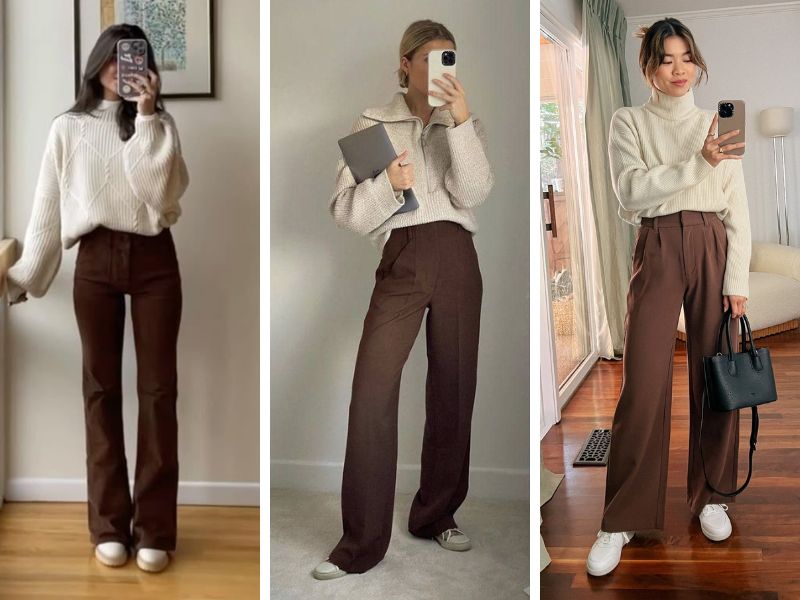 Áo màu kem phối với quần màu nâu 