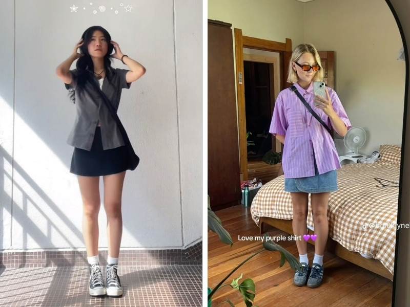 áo sơ mi boxy và chân váy ngắn outfit form boxy nữ