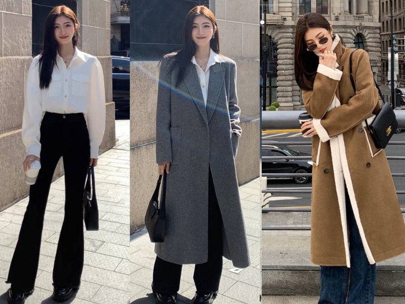 Cách phối coat + quần tây ống suông + sơ mi.