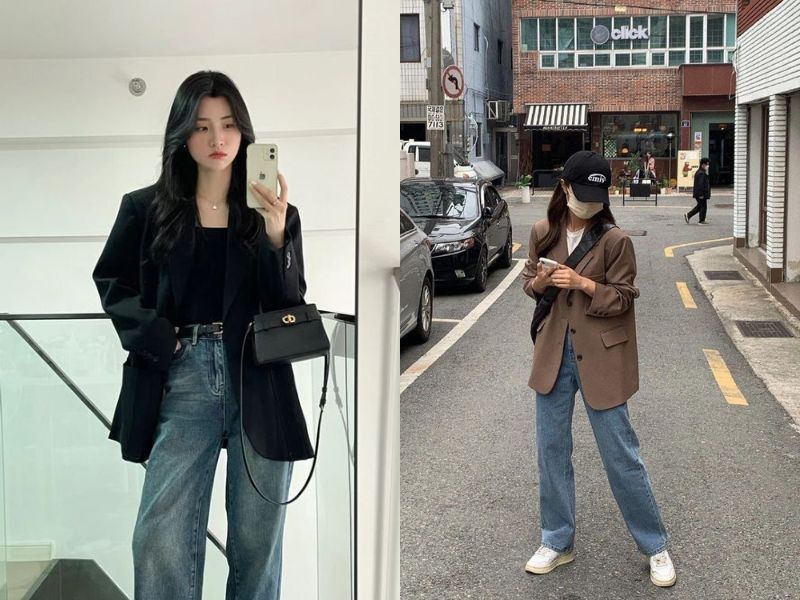 Cách phối đồ blazer dáng oversize + quần jeans ống đứng.