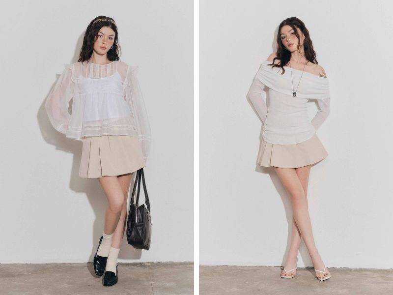 Phối chân váy kem và áo trắng 