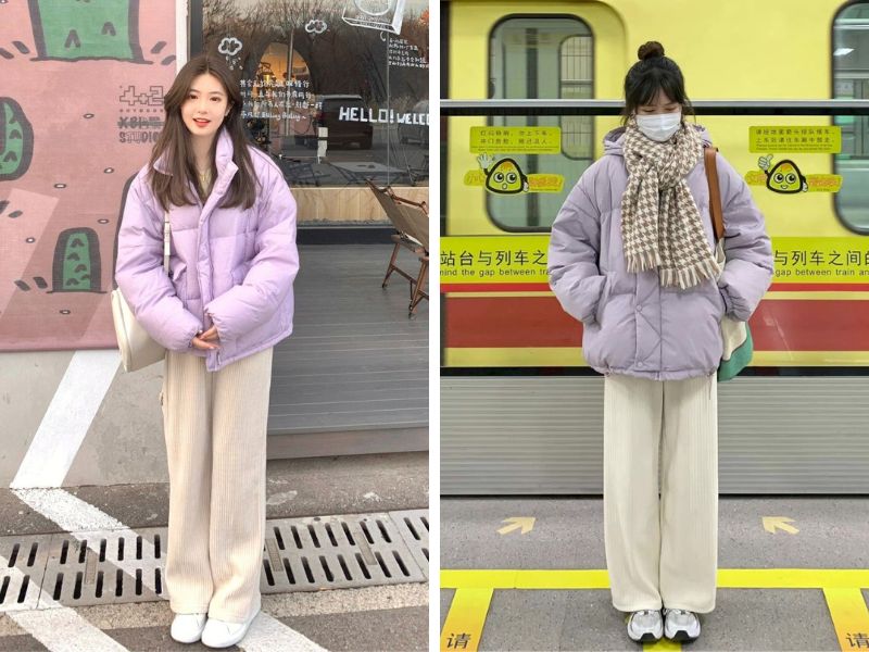 Phối áo tím pastel và quần kem 