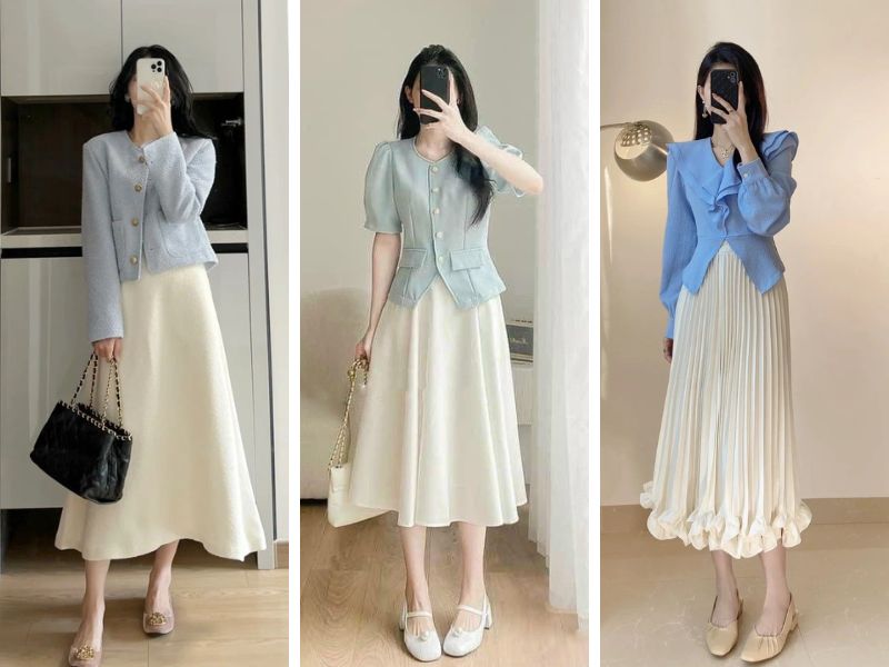Phối chân váy màu kem và áo xanh dương