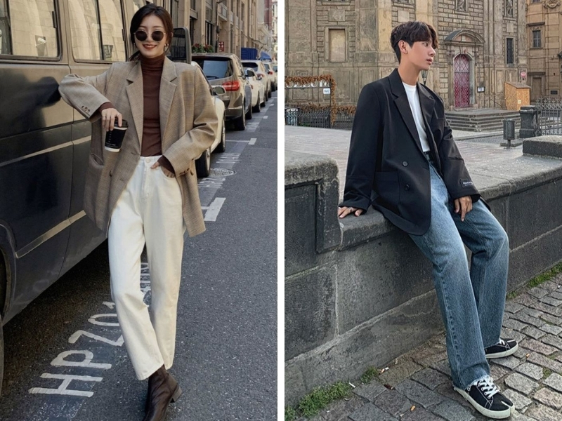 outfit phong cách classic áo blazer be hoặc nâu mặc ngoài áo thun trơn với quần jean