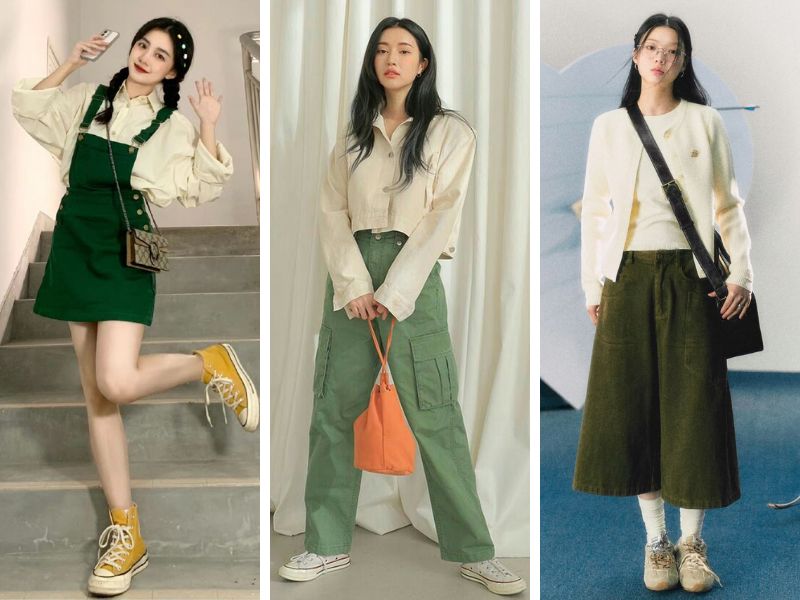 Phối xanh lá đậm với màu kem