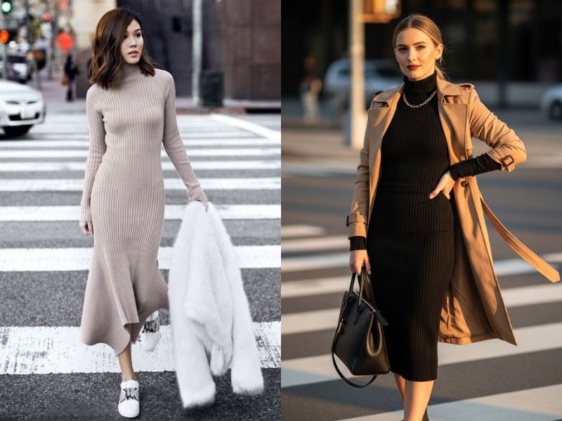 Cách phối đồ coat + Váy len bodycon.