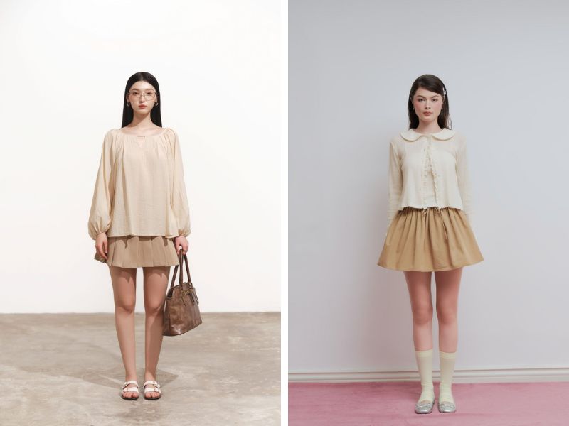Phối áo màu kem và chân váy nâu 
