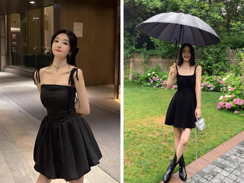 váy đen tối giản phong cách classic mang boot đen cho nữ
