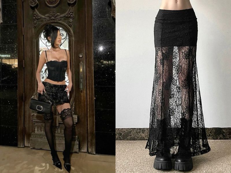 Cách phối váy ren tối màu + tất lưới.