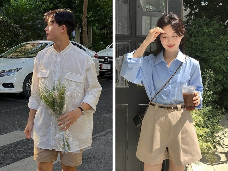 outfit unisex sơ mi form rộng và quần short