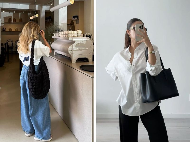 outit với túi tote áo với quần đơn giản