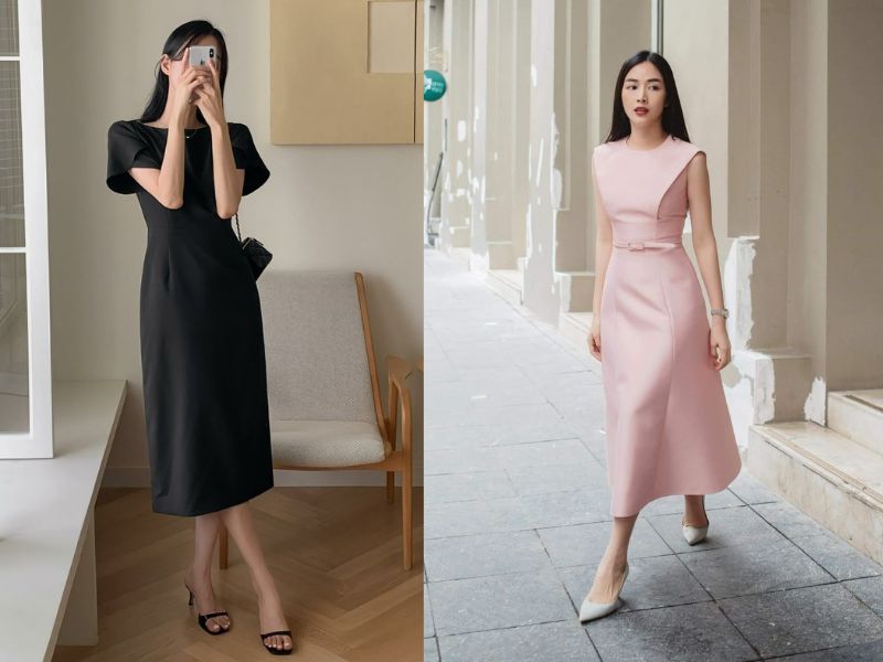 Cách phối đồ đầm liền trơn màu + giày cao gót classic.