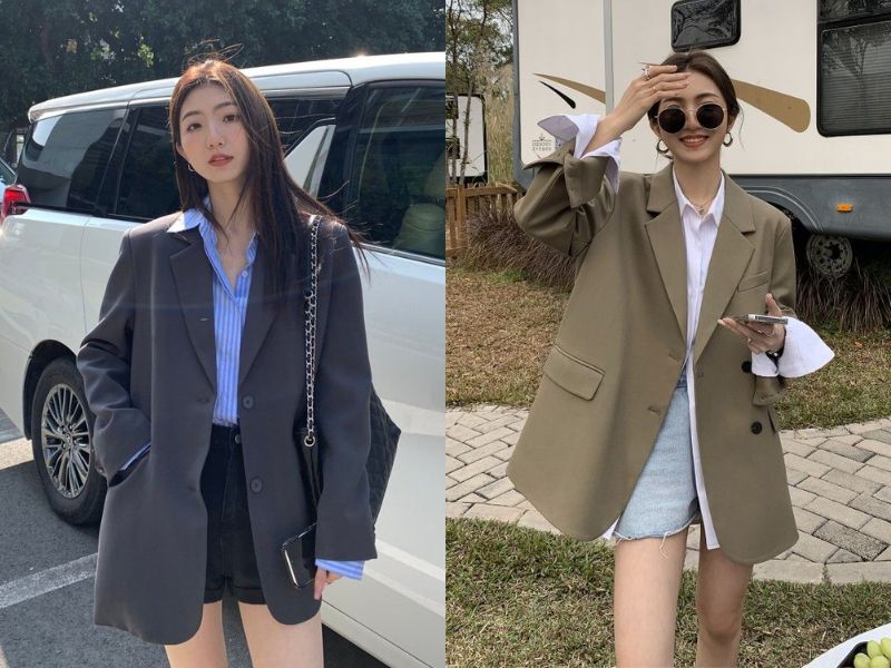 Outfit blazer oversize và quần short.