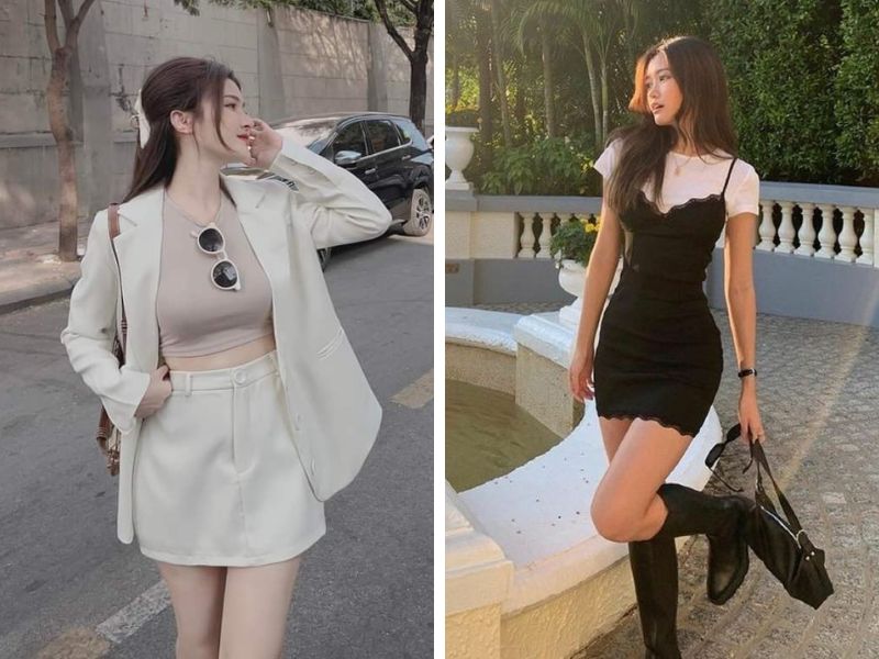 outfit áo ôm với chân váy và váy bodycon cho người hông vừa