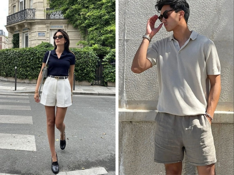 outfit cho nam và nữ áo polo quần short kaki đơn giản
