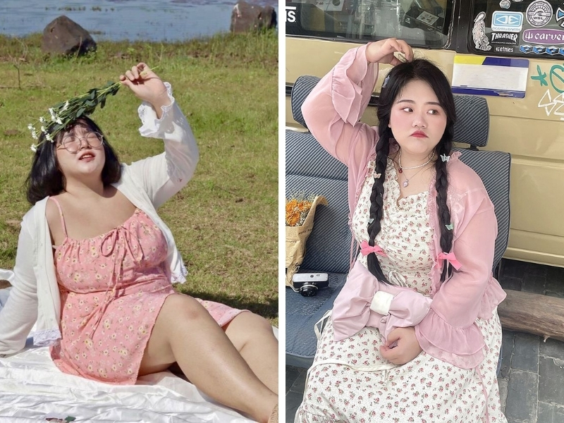 outfit dáng chubby áo cardigan mỏng khoác ngoài váy hai dây