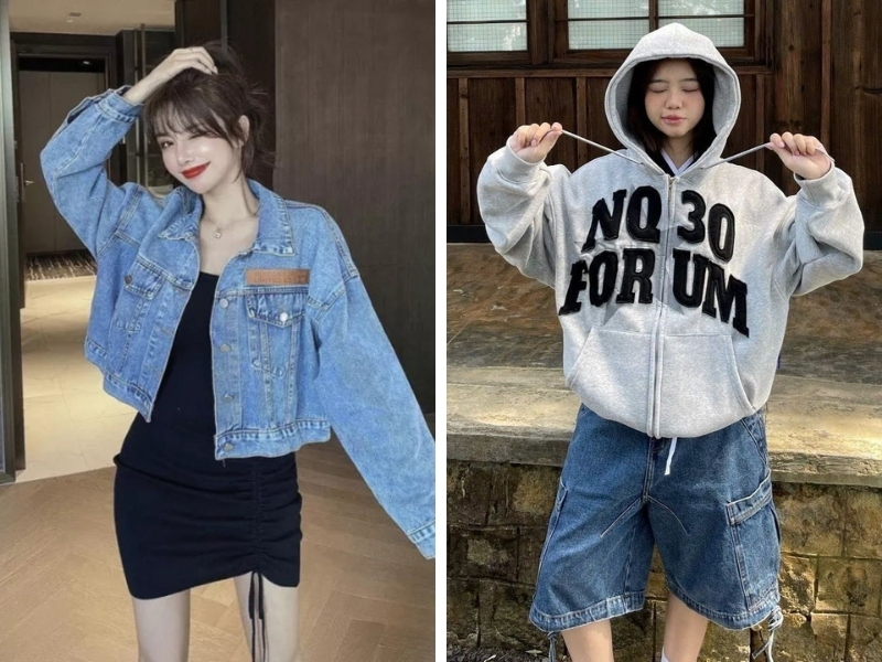 áo khoác jeans boxy áo hoodie boxy với áo ôm body bên trong