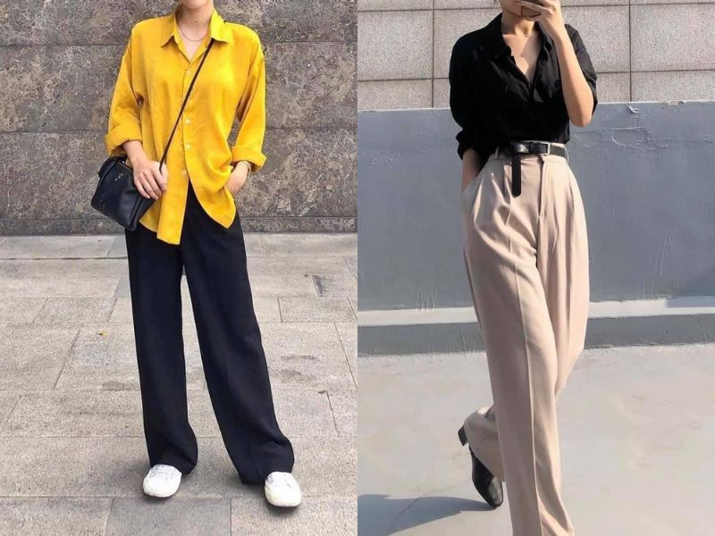 Cách phối đồ áo sơ mi lụa + quần culottes
