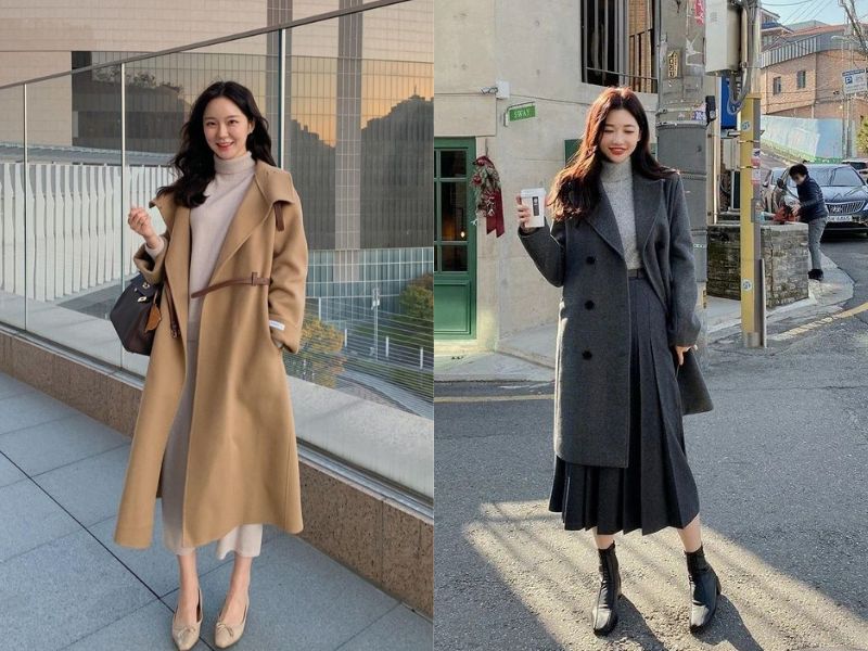Cách phối coat + chân váy midi + áoo cao cổ