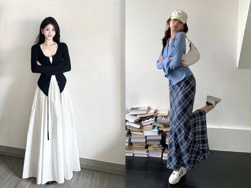 Cách phối đồ váy midi dáng A + áo cardigan mỏng