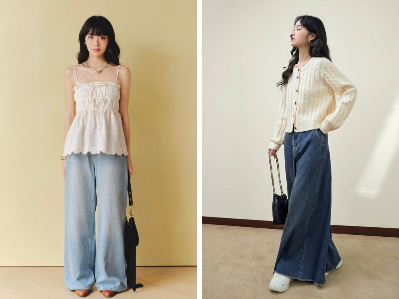 Phối áo kem cùng quần jean 