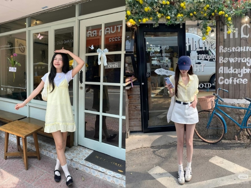 Sắc vàng kết hợp trắng tạo nên outfit sáng sủa, tinh tế