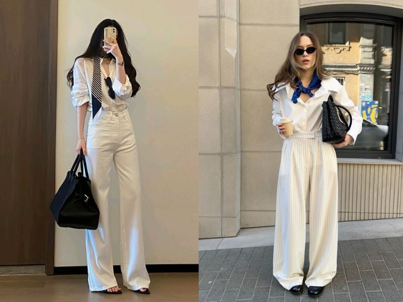 Cách phối đồ sơ mi trắng + quần tây ống suông. 