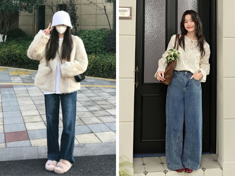 Phối áo kem với quần jean 