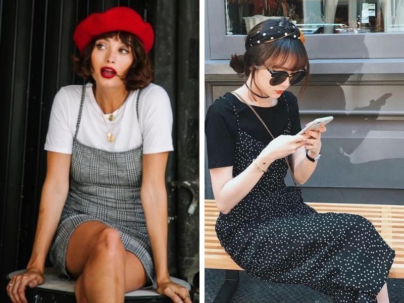 outfit retro slip dress áo thun trơn