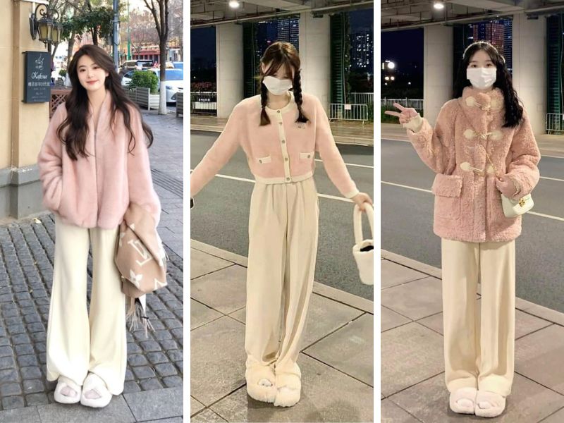 Phối áo hồng và quần kem 