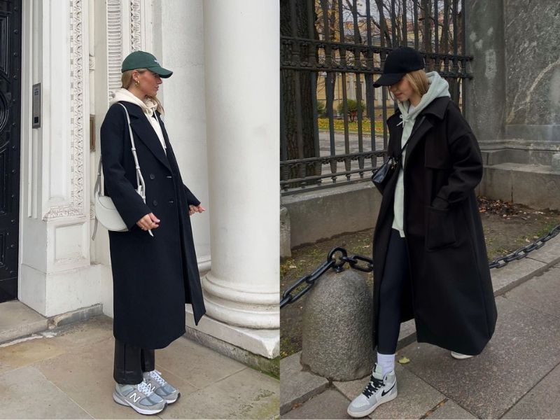 Cách phối coat oversize + hoodie + sneaker