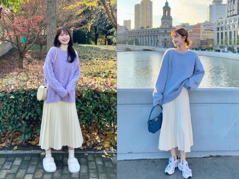Áo len cổ tròn và chân váy midi.