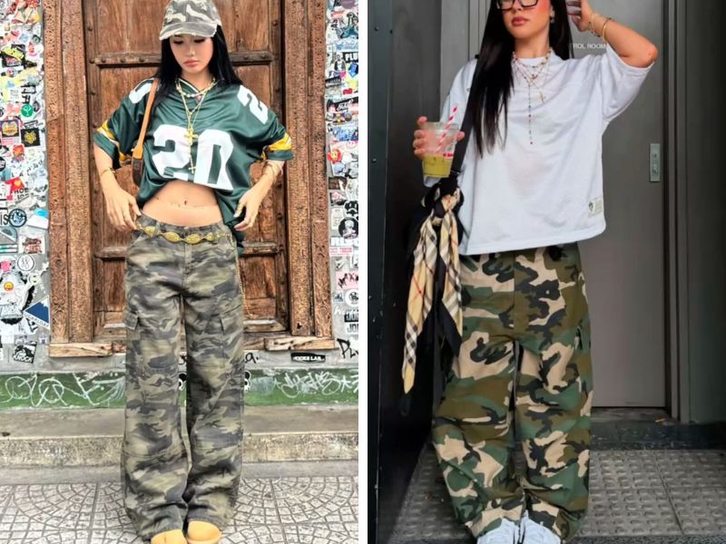 outfit freestyle với quần camo và áo oversize