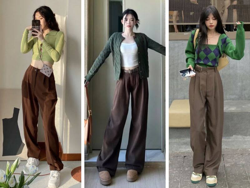 Phối áo xanh lá và quần nâu