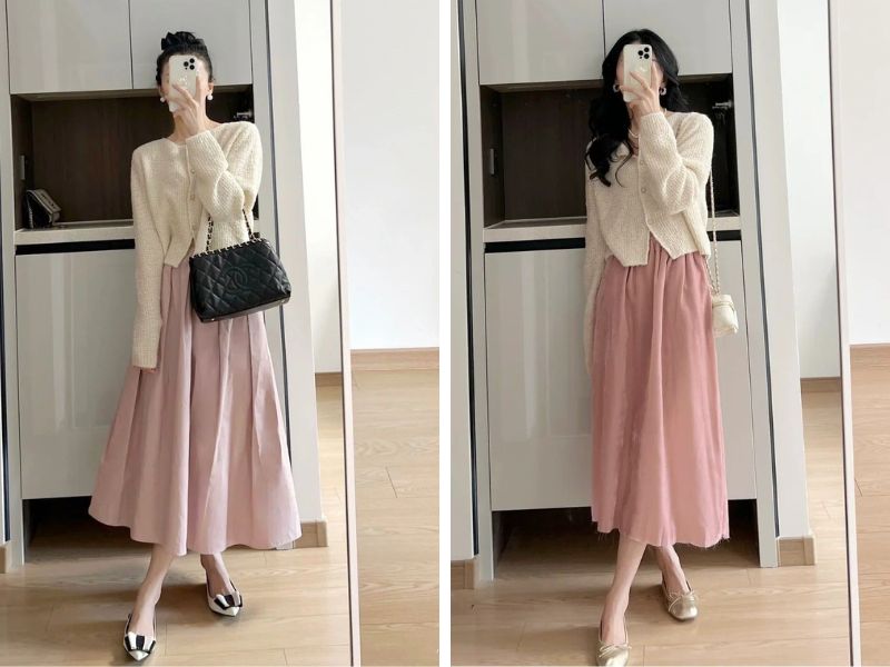 Phối áo kem với chân váy hồng