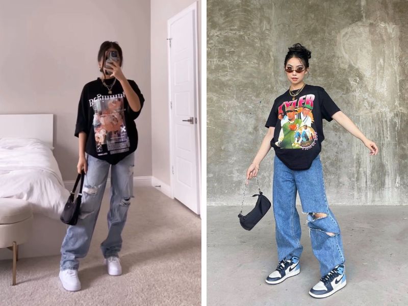 outfit áo thun oversize và quần jean rộng