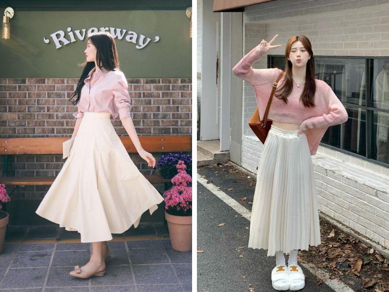 Phối áo hồng và chân váy kem  