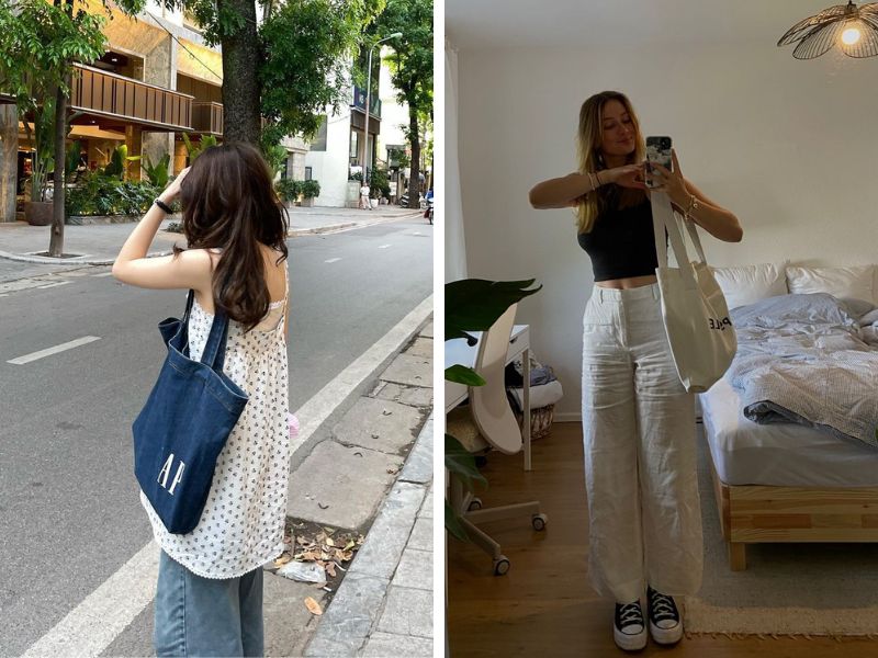 outfit áo croptop với quần jean rộng và túi tote