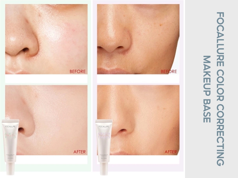 Trước và sau khi dùng kem lót che khuyết điểm Focallure Color Correcting Makeup Base