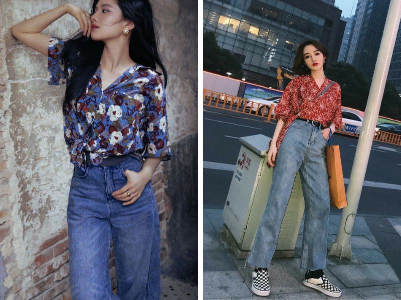 outfit quần jean ống loe áo sơ mi hoa nữ retro