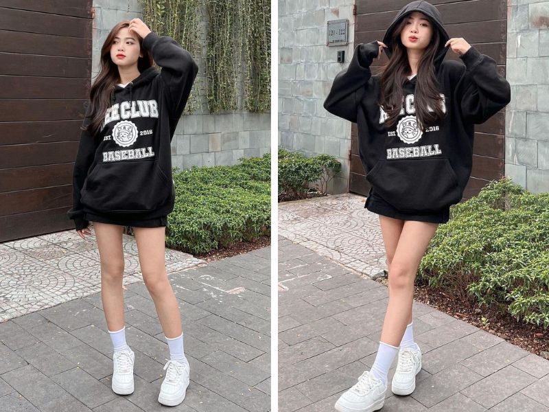 áo hoodie và quần short full đen outfit nữ