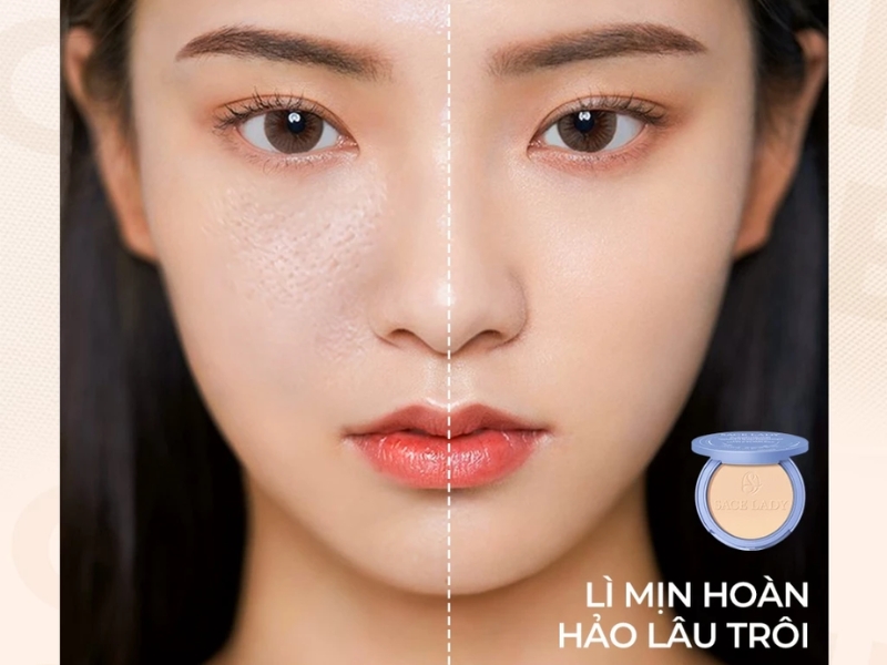 trước và sau khi sử dụng phấn phủ Lasting Waterproof Pressed Powder Sace Lady