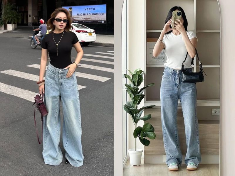 Áo thun basic + quần jeans ống suông