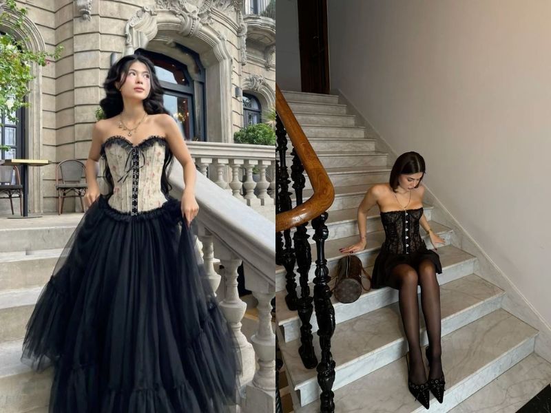 Cách phối váy đen và corset.