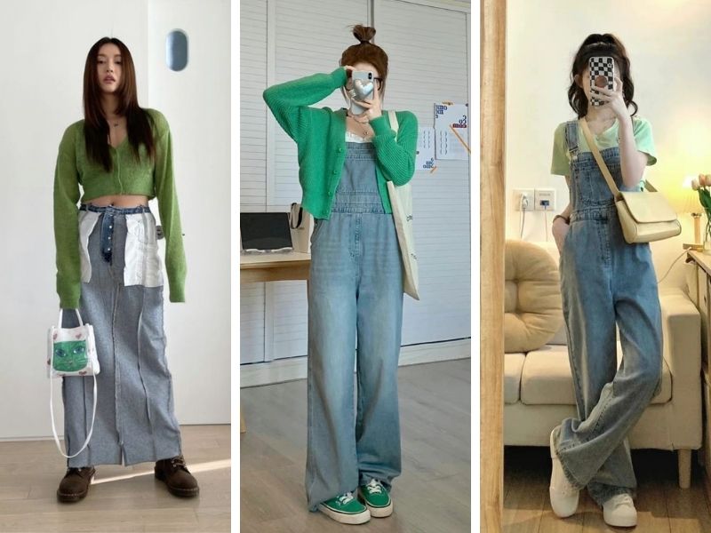 Phối màu xanh lá và màu xanh denim 
