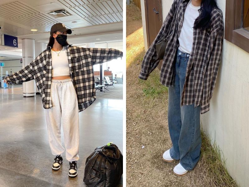 áo sơ mi kẻ flnnel với áo ba lỗ và quần ống rộng